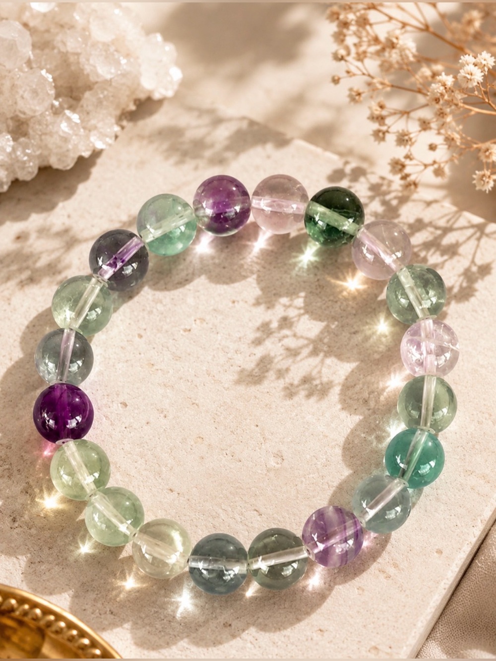 Rainbow Fluorite Gemstone Stretch Bracelet Natural Crystal Beaded Boho Healing